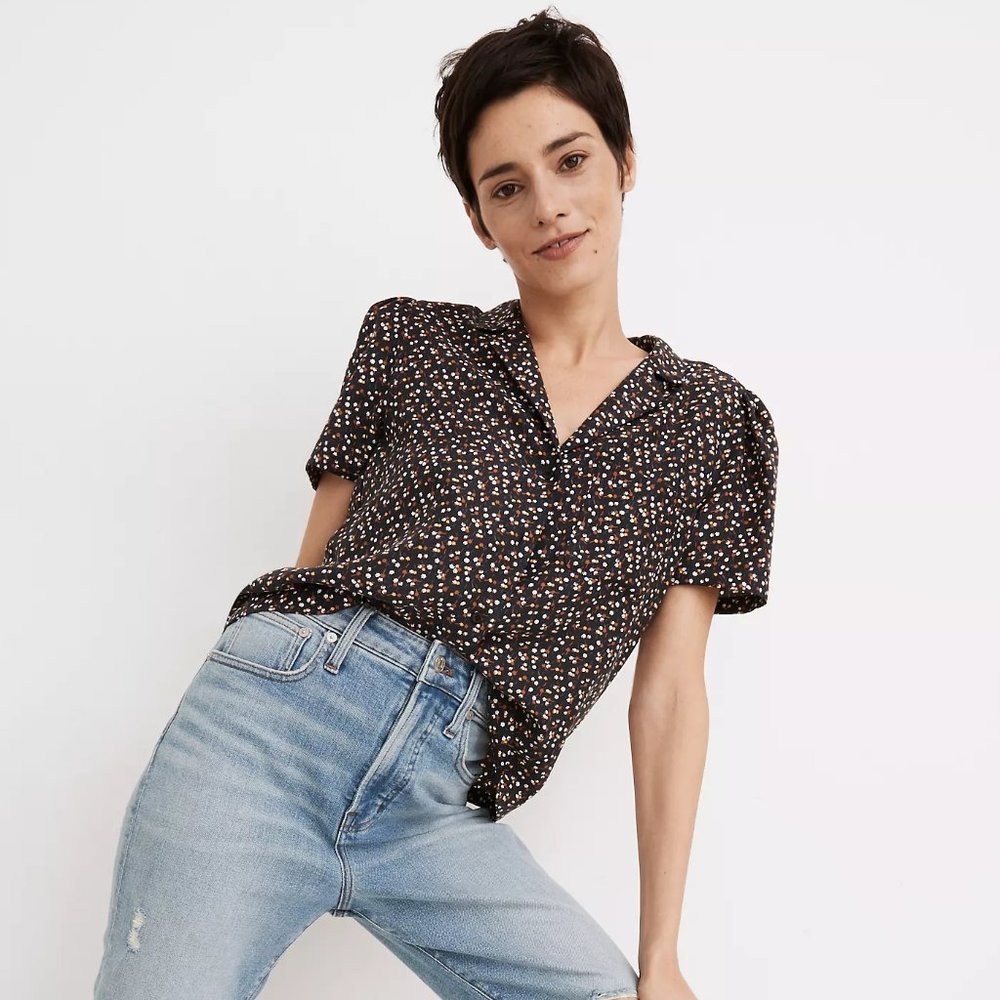 Silk Puff-Sleeve Camp Shirt in Adorable Ditsy